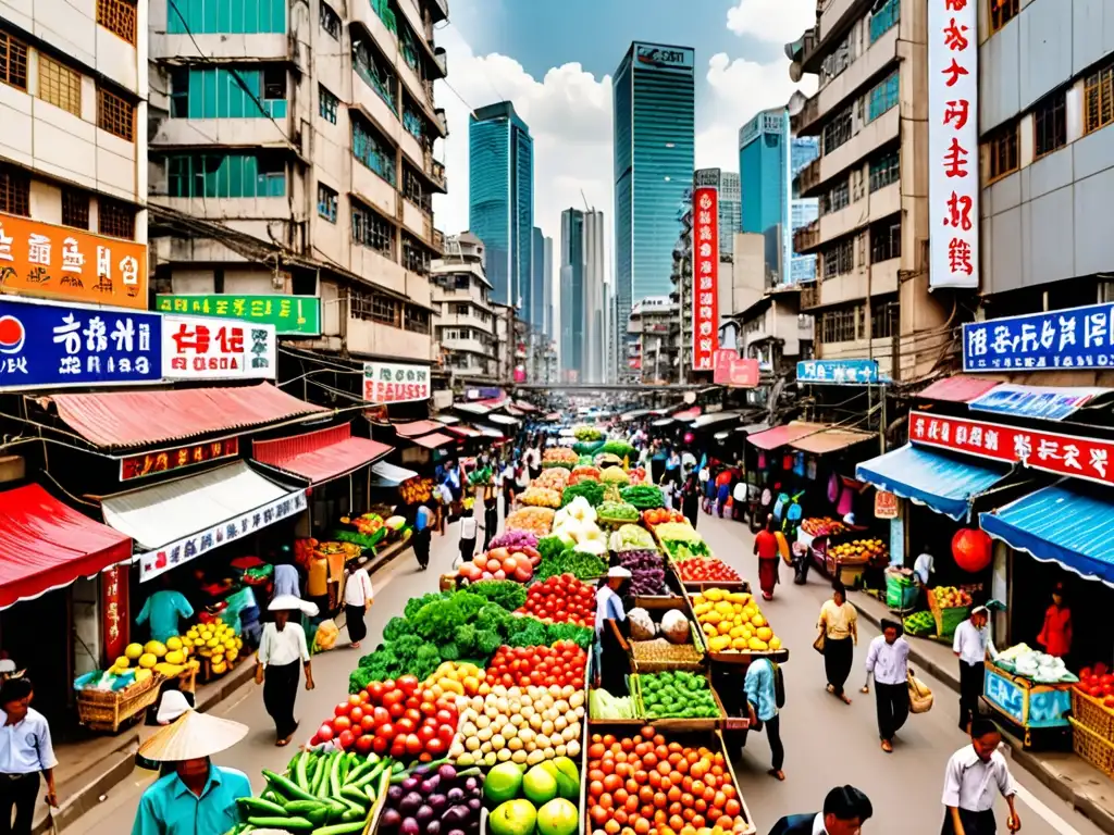 Un bullicioso paisaje urbano en una ciudad asiática, con vendedores callejeros y rascacielos