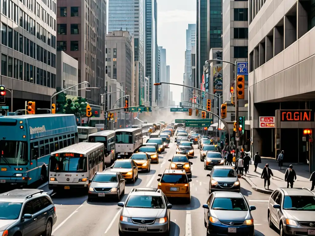 Un bullicioso paisaje urbano con rascacielos a ambos lados, capturando el caos de la vida urbana y la legislación ambiental contaminación sonora