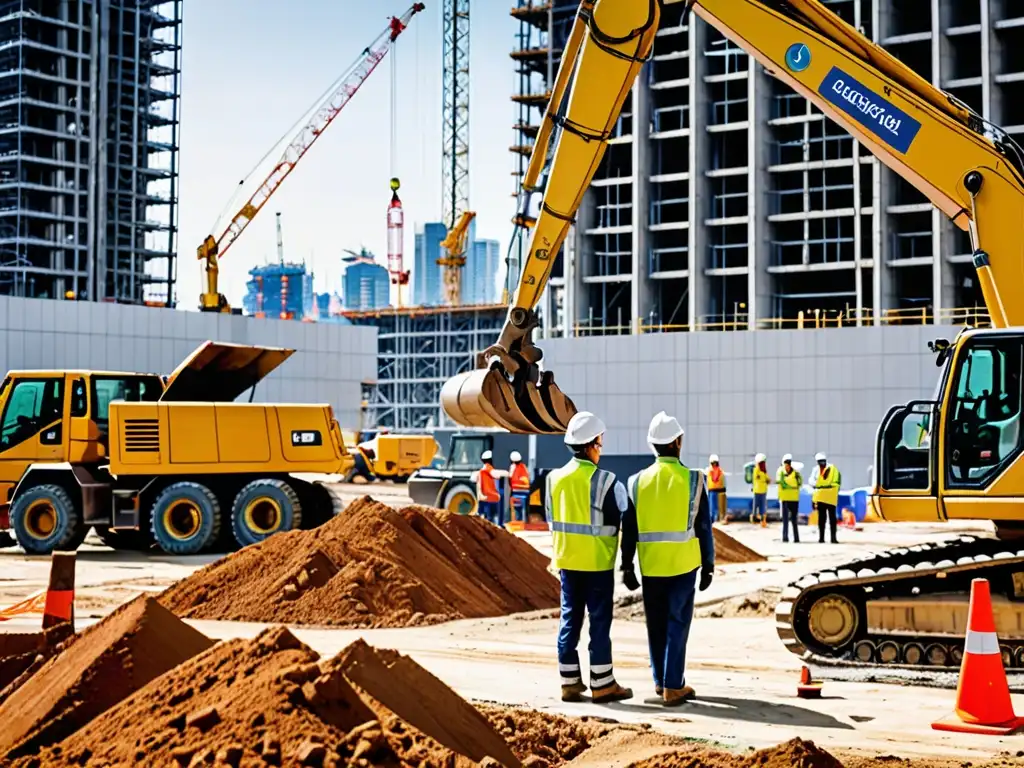 Un bullicioso sitio de construcción con trabajadores, maquinaria pesada y un paisaje urbano