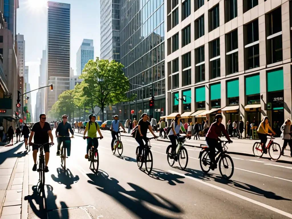 Una calle bulliciosa de la ciudad llena de peatones y ciclistas, con edificios altos que se alzan sobre ellos