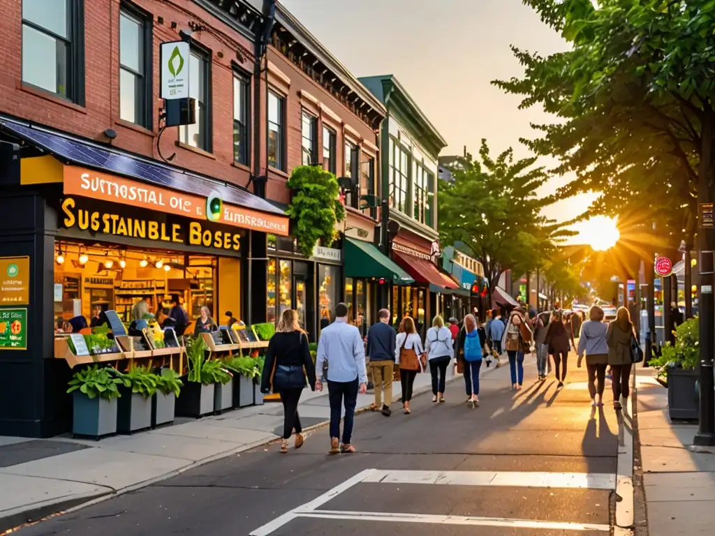 Una calle bulliciosa de la ciudad con negocios sostenibles, paneles solares y ambiente ecológico