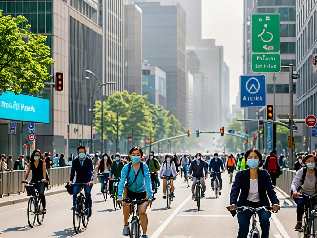 Una calle bulliciosa de la ciudad con peatones y ciclistas, edificios altos y cielo gris-azul por la contaminación