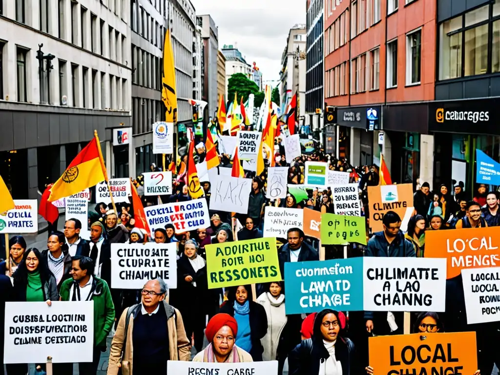 Una calle bulliciosa de una ciudad donde personas de diversas culturas participan en una protesta por el cambio climático