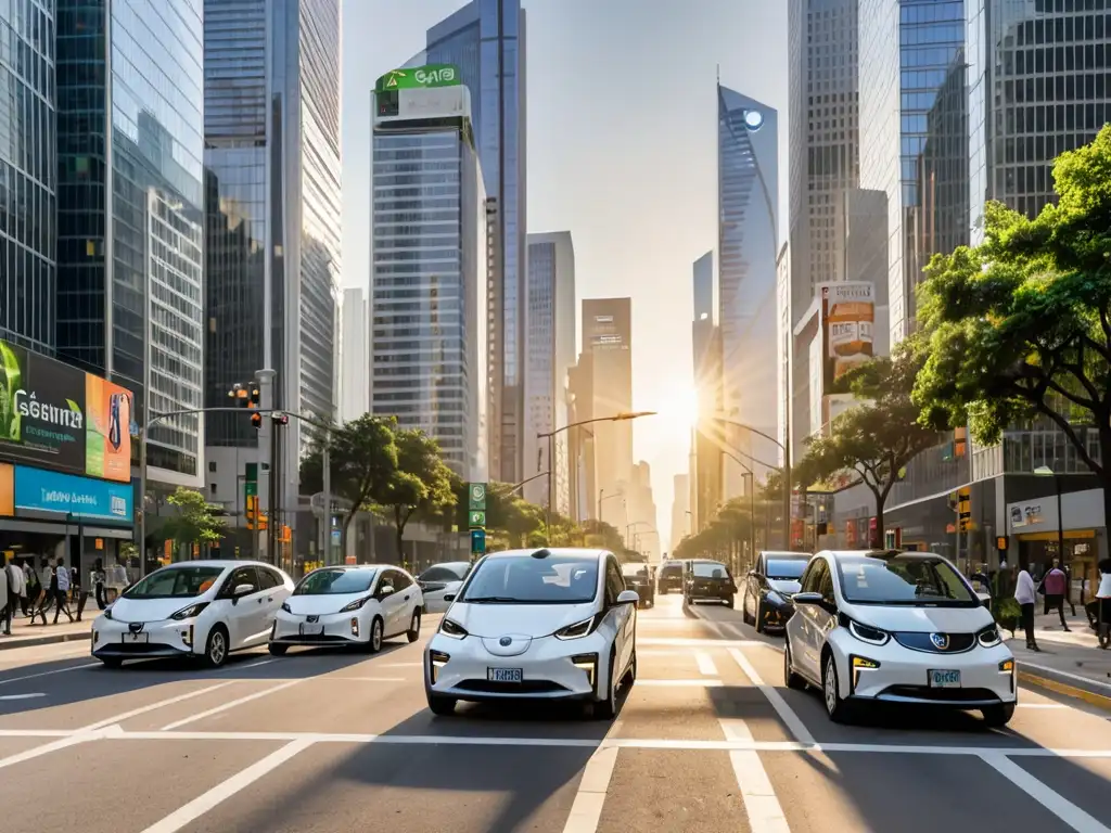 Una calle bulliciosa de la ciudad con rascacielos de fondo, mostrando una mezcla de coches de gasolina y vehículos eléctricos modernos