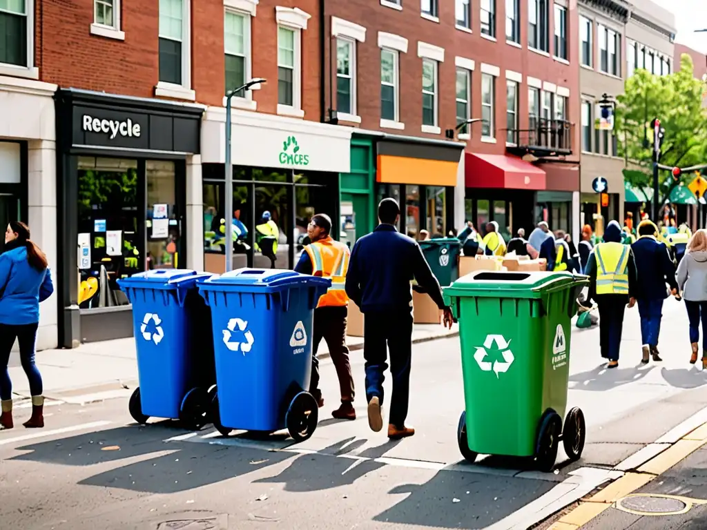 Una calle bulliciosa de la ciudad con reciclaje y participación comunitaria