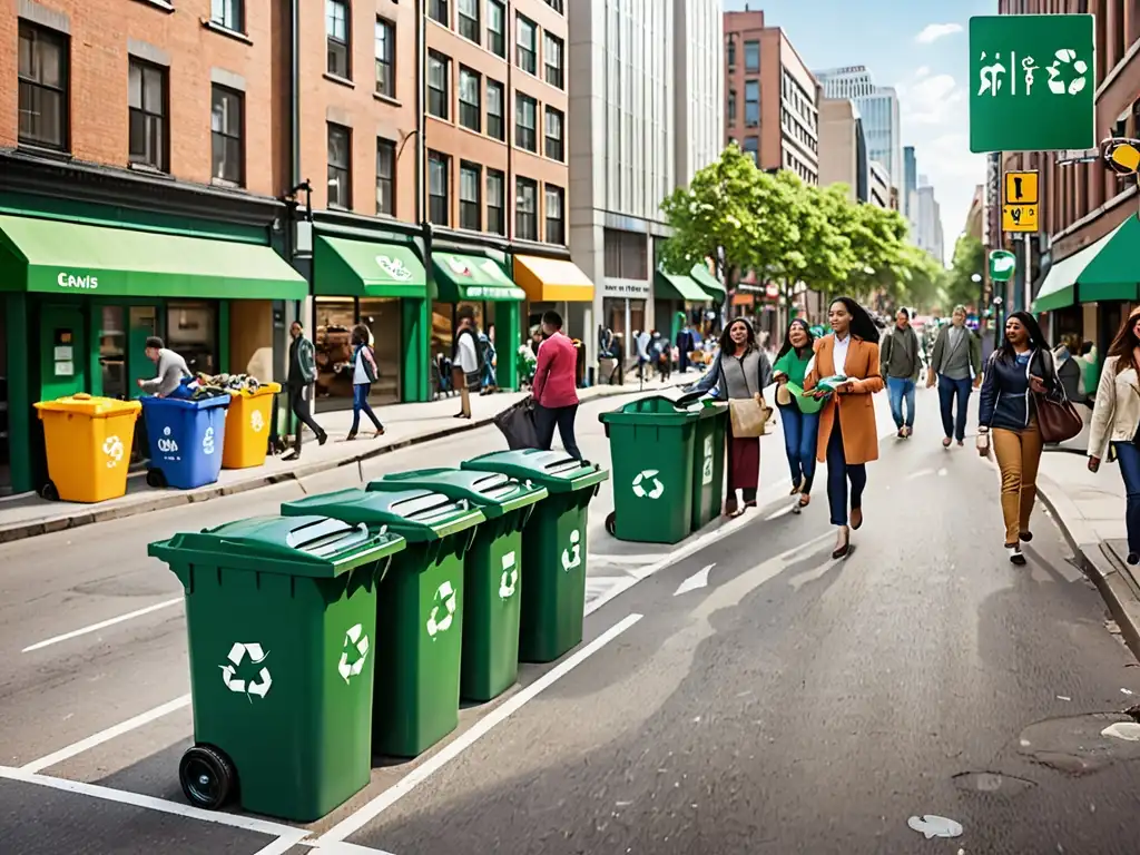 Una calle bulliciosa con contenedores de reciclaje y personas participando en prácticas ecoamigables, destacando la Responsabilidad Extendida del Productor en la legislación ambiental