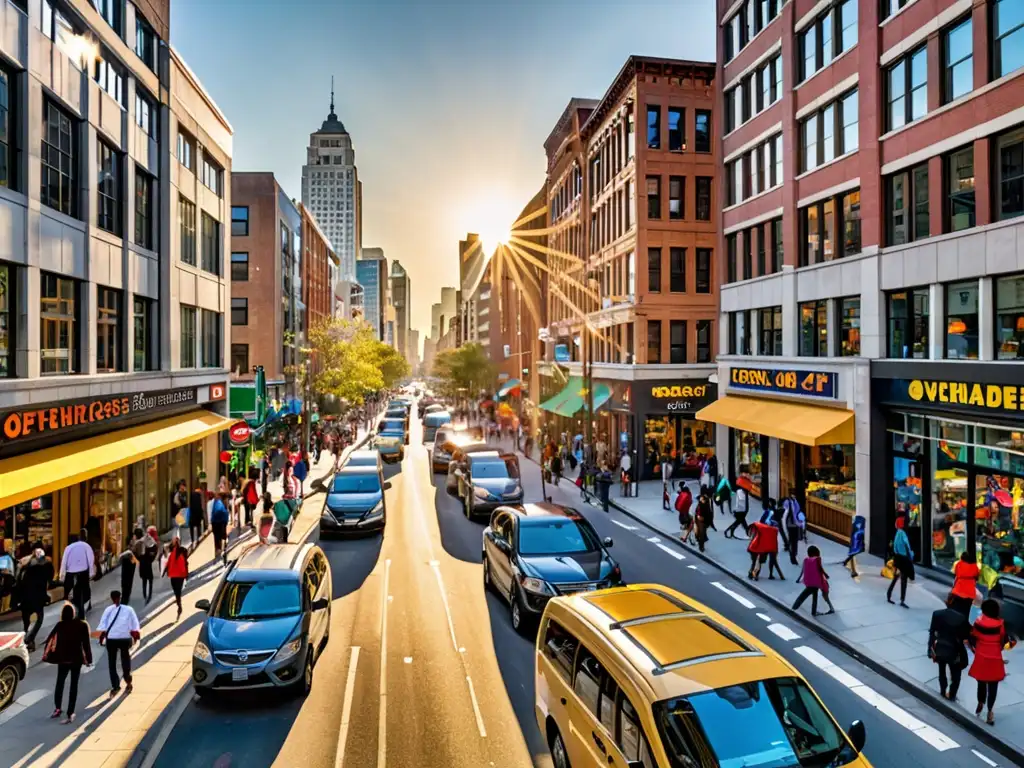 Una calle bulliciosa llena de vehículos diversos y personas, reflejando la energía de la vida urbana