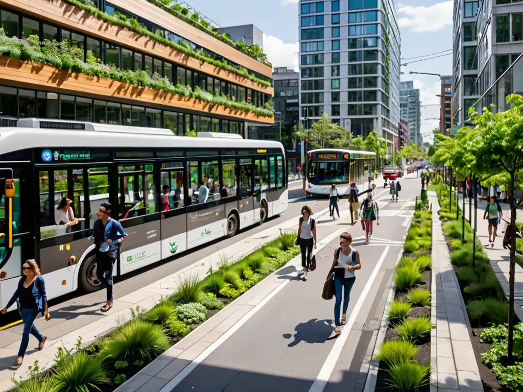 Una calle de la ciudad bulliciosa con edificios modernos y ecológicos, jardines en la azotea y paneles solares