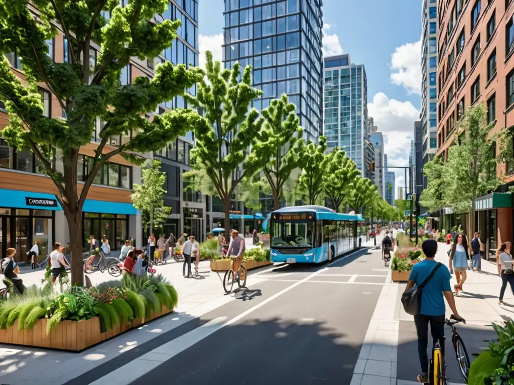 Una calle de la ciudad bulliciosa con enfoque en la planificación urbana sostenible, lleno de vegetación y transporte ecoamigable