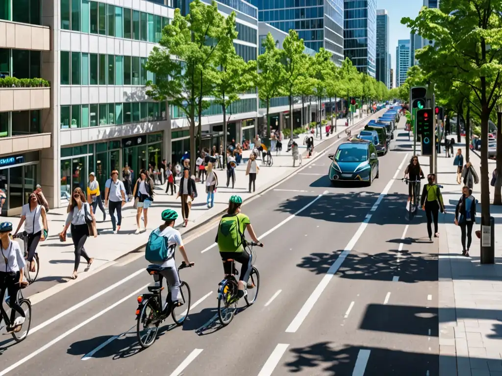 Una calle de ciudad bulliciosa llena de peatones y ciclistas, con edificios modernos y espacios verdes