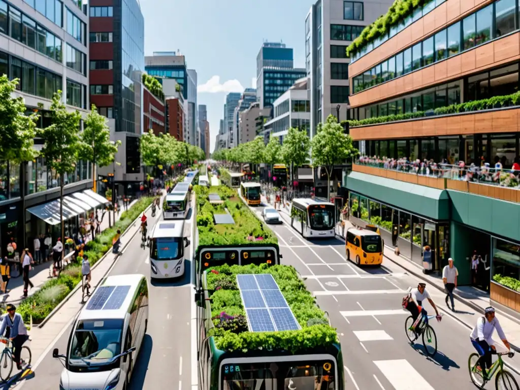 Una calle de ciudad bulliciosa llena de peatones y ciclistas, con autobuses y coches eléctricos circulando