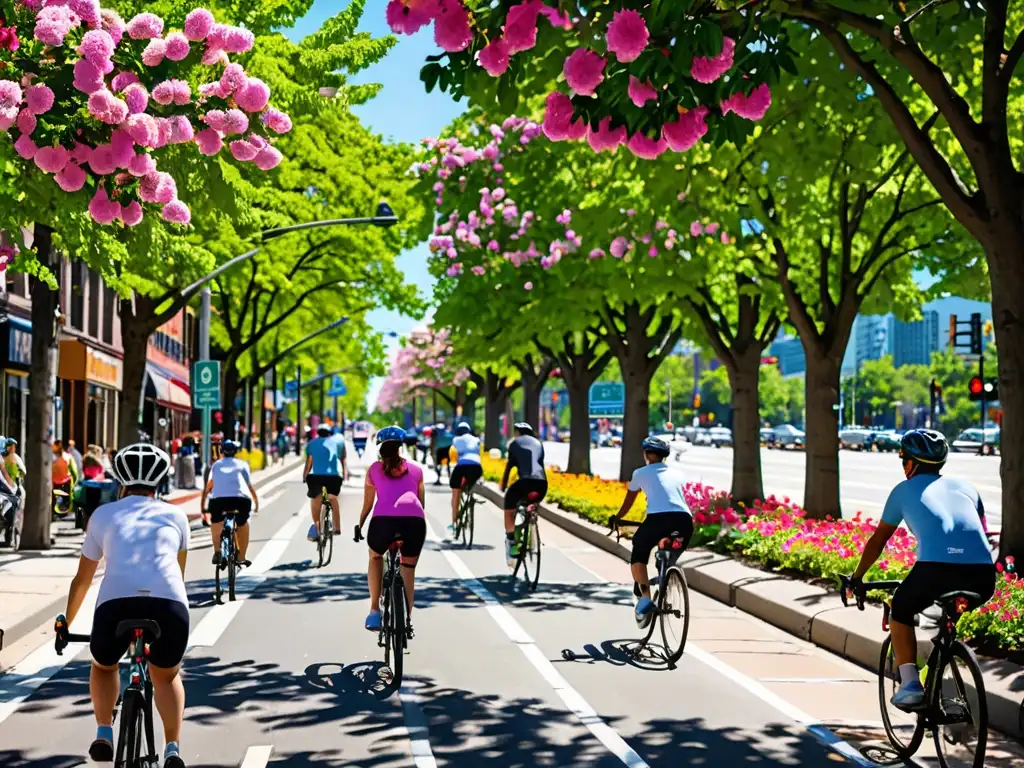 Una calle de la ciudad con ciclistas y peatones, rodeada de árboles y flores, resaltando la armonía entre transporte ecológico y zonas verdes