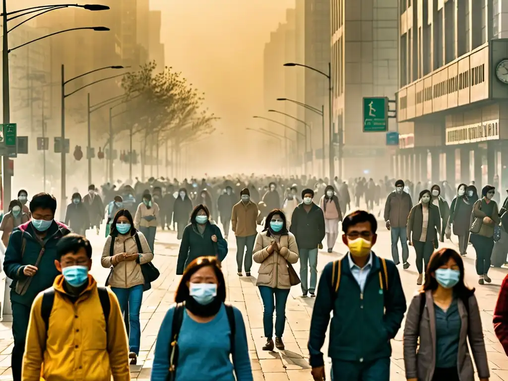 Una calle de la ciudad envuelta en smog, con peatones usando mascarillas