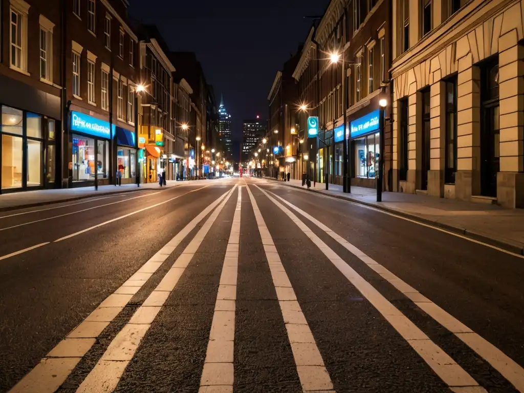 Una calle de la ciudad iluminada de noche destaca las normativas de iluminación urbana eficiente, con contrastes entre luces intensas y bajaintensidad