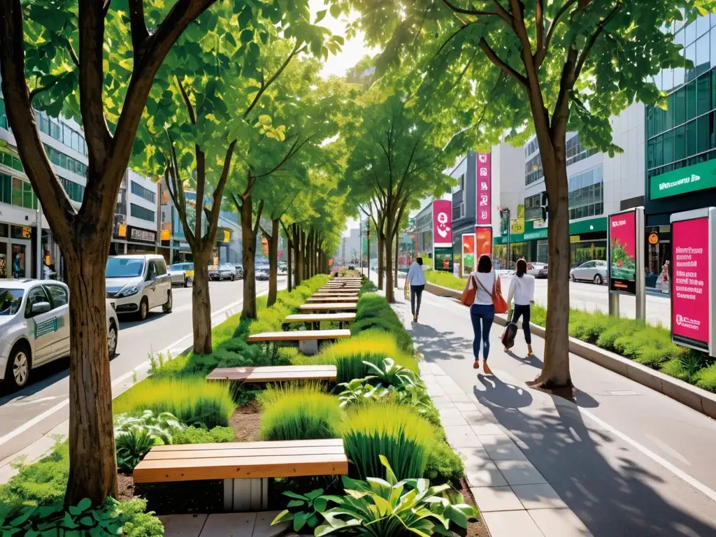 Una calle de la ciudad llena de árboles verdes y anuncios publicitarios integrados en el paisaje natural