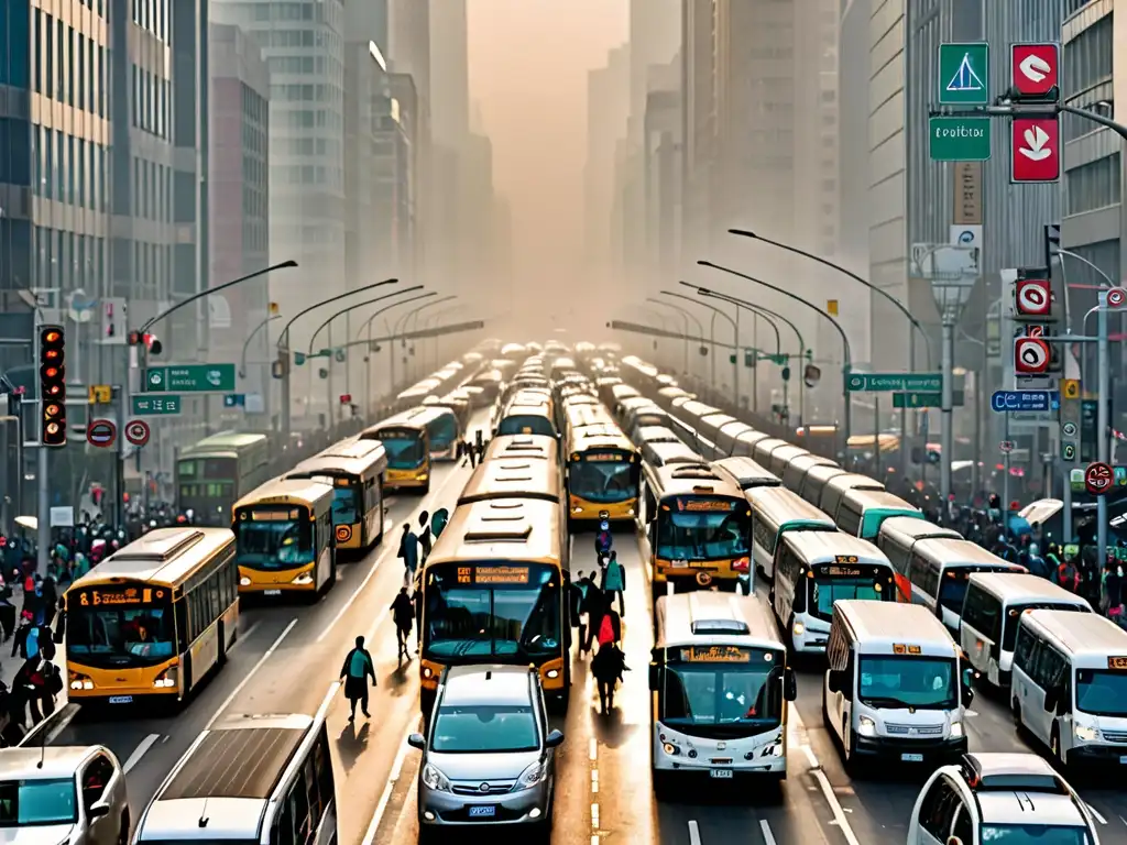 Una calle de la ciudad llena de autobuses y personas, con una densa capa de smog sobre el horizonte, mostrando el impacto global de las leyes de emisiones en el transporte público