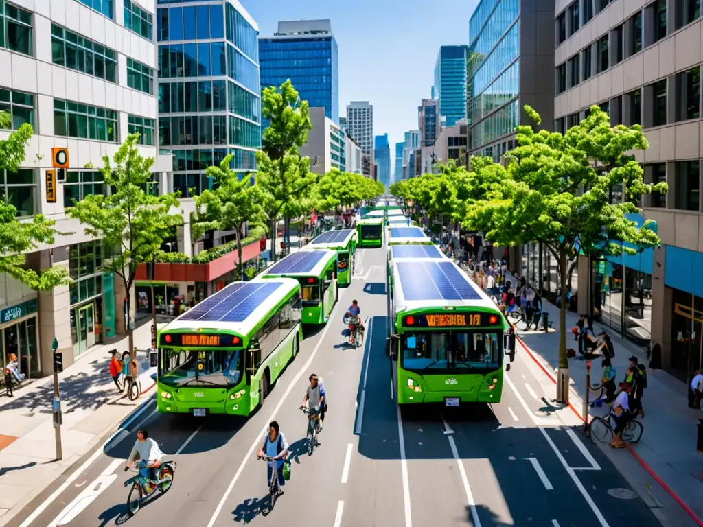 Una calle de la ciudad llena de transporte público ecológico, con autobuses eléctricos, bicicletas y peatones