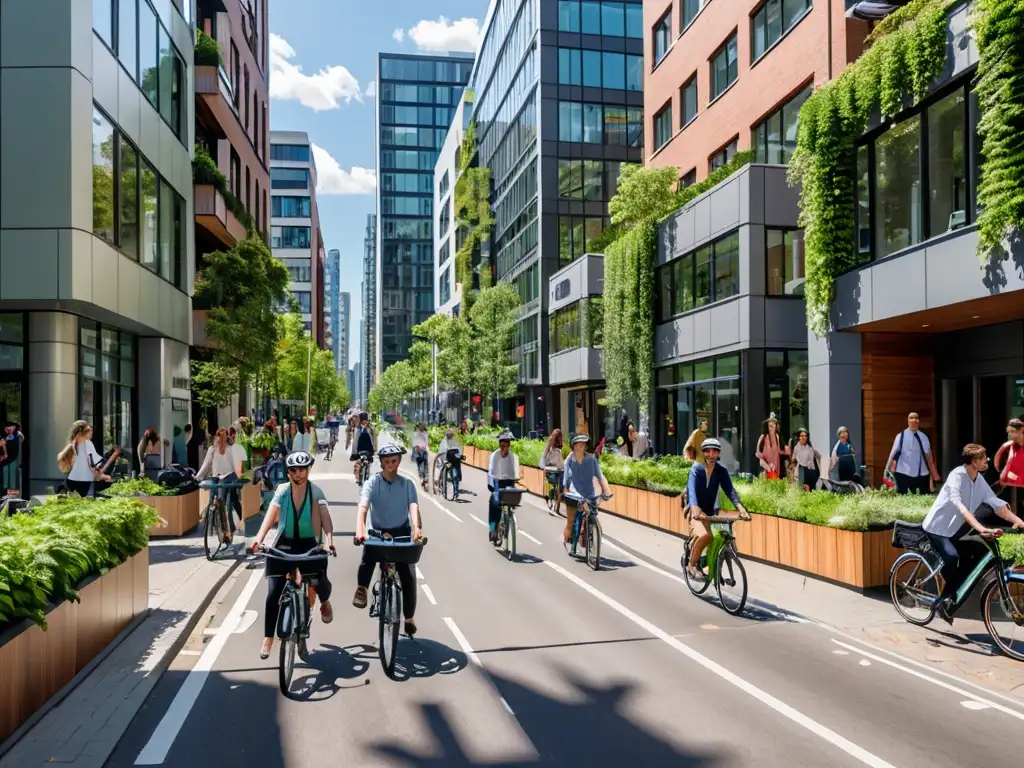 Una calle de la ciudad llena de vehículos híbridos y eléctricos, con ciclistas y peatones compartiendo la vía