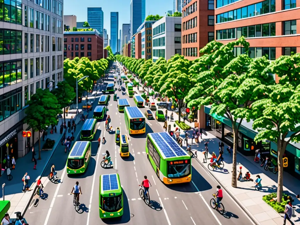 Una calle de la ciudad llena de vida, con transporte sostenible y edificios verdes, transmitiendo armonía urbana