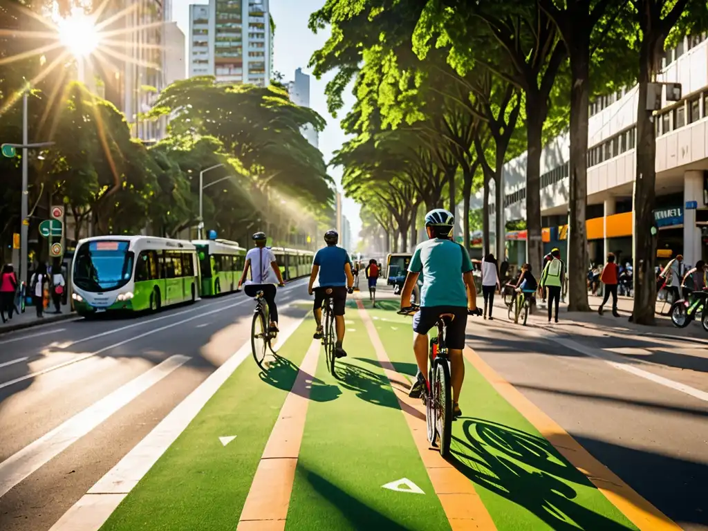 Una calle de la ciudad en América del Sur con carril exclusivo para bicicletas, autobuses eléctricos y peatones