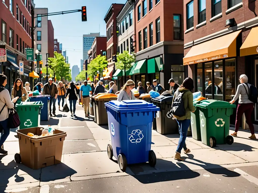 Una calle llena de vida y compromiso, donde la comunidad gestiona sus residuos urbanos de forma responsable y sostenible