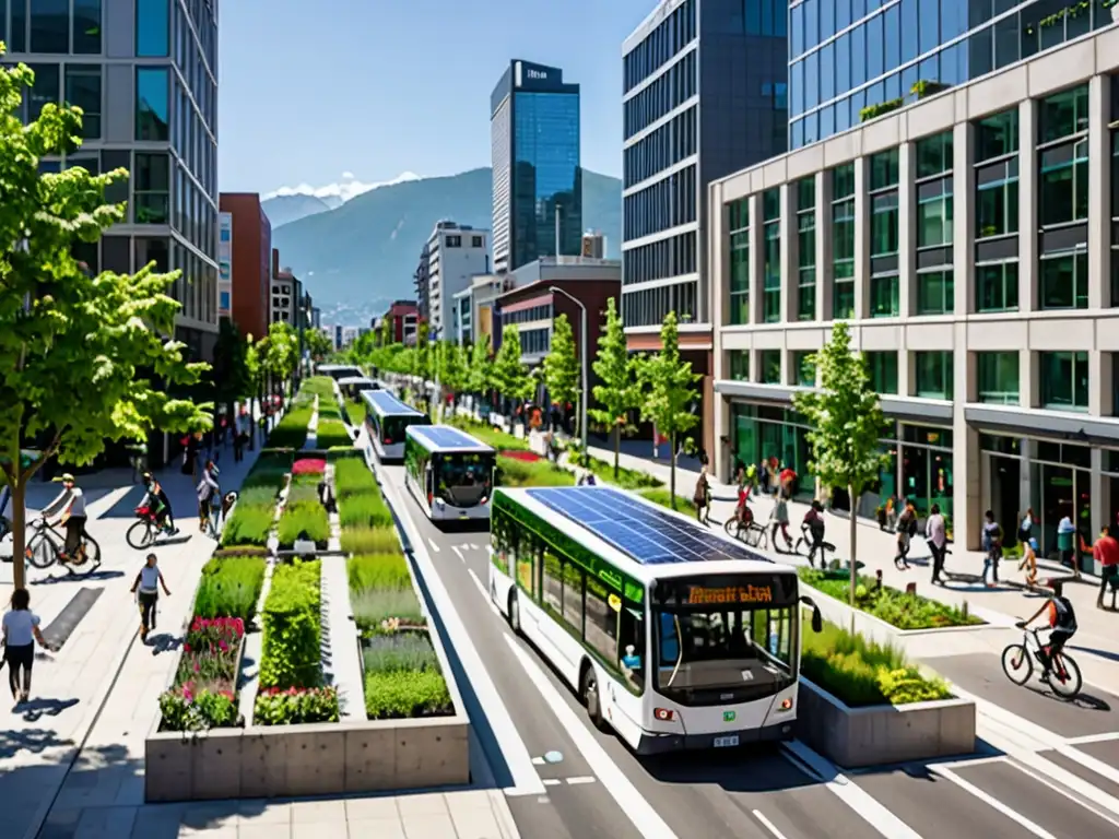 Una calle urbana bulliciosa con estrategias de movilidad urbana sostenible: peatones, ciclistas y autobuses eléctricos compartiendo el camino, rodeados de vegetación y carriles para bicicletas