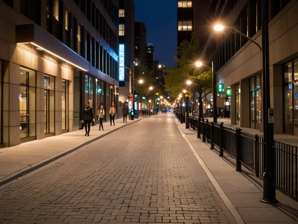 Una calle urbana bulliciosa iluminada eficientemente por modernas luces LED, cumpliendo con normativas de iluminación urbana eficiente