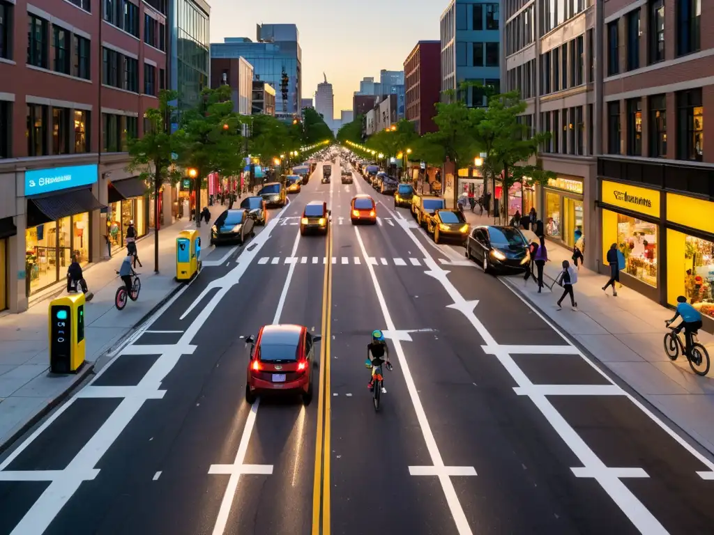 Una calle urbana bulliciosa llena de vehículos eléctricos, ciclistas y peatones, en una atmósfera de movilidad sostenible y moderna