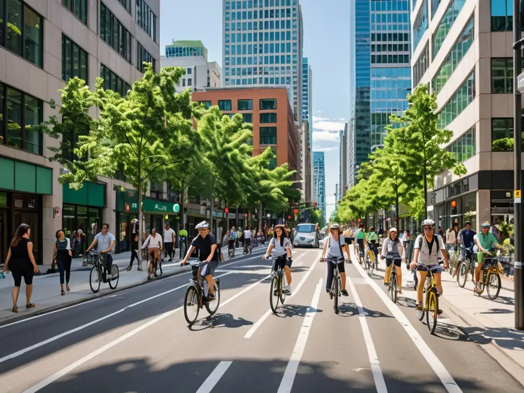 Una calle urbana llena de vida con peatones, ciclistas y autobuses eléctricos, rodeada de rascacielos cubiertos de vegetación