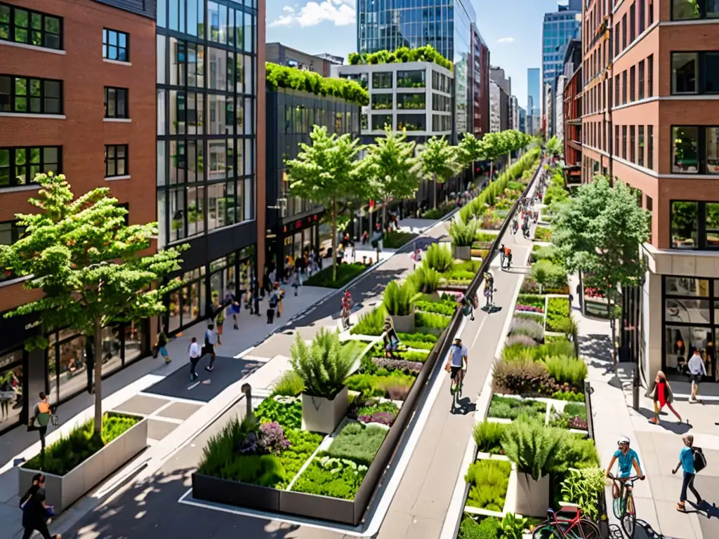 Una calle urbana llena de vida, con vegetación en los edificios y gente caminando y en bicicleta, mostrando estrategias legales para la reducción de emisiones y el cambio climático