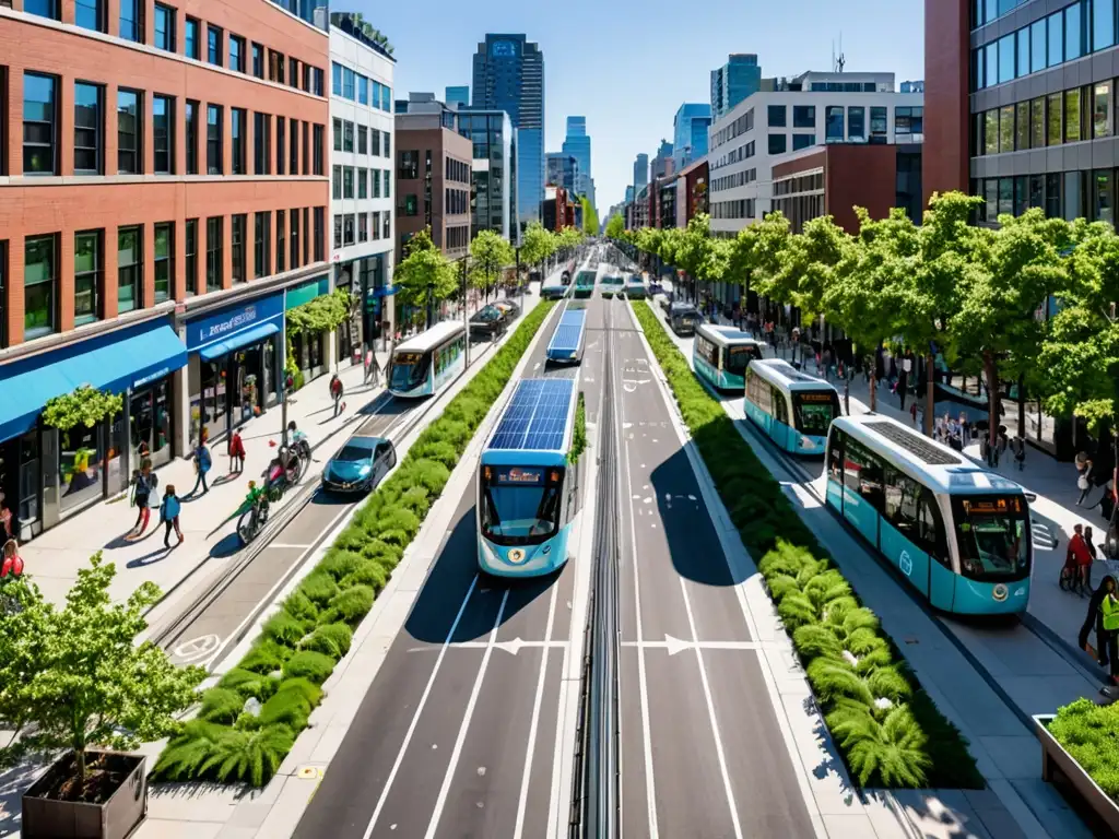 Una calle urbana con vegetación, transporte sostenible y paneles solares, ejemplo de políticas urbanas contra calentamiento global