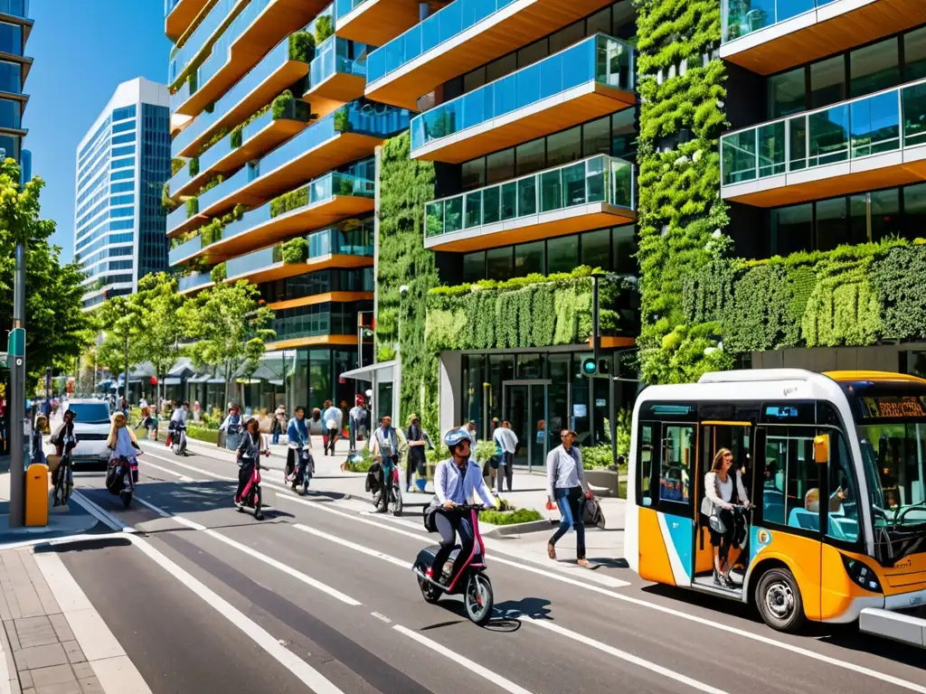 Una calle urbana vibrante llena de peatones, ciclistas y scooters eléctricos, junto a autobuses y autos eléctricos