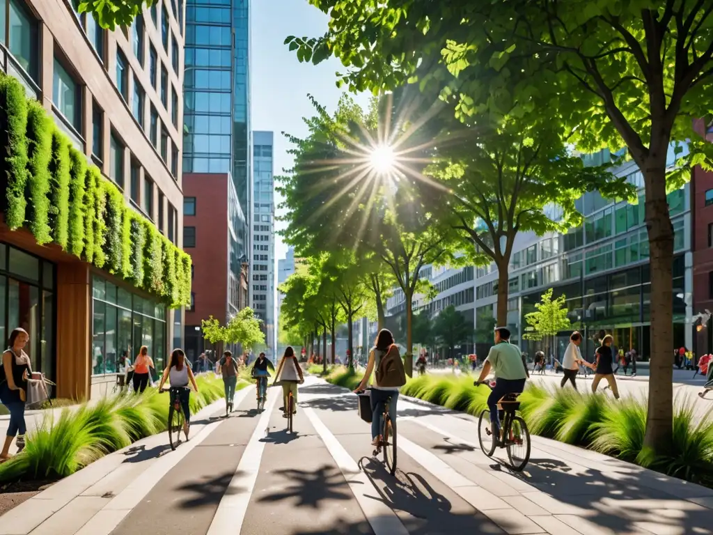 Una calle urbana vibrante con vegetación, reflejando soluciones legales calidad aire urbano