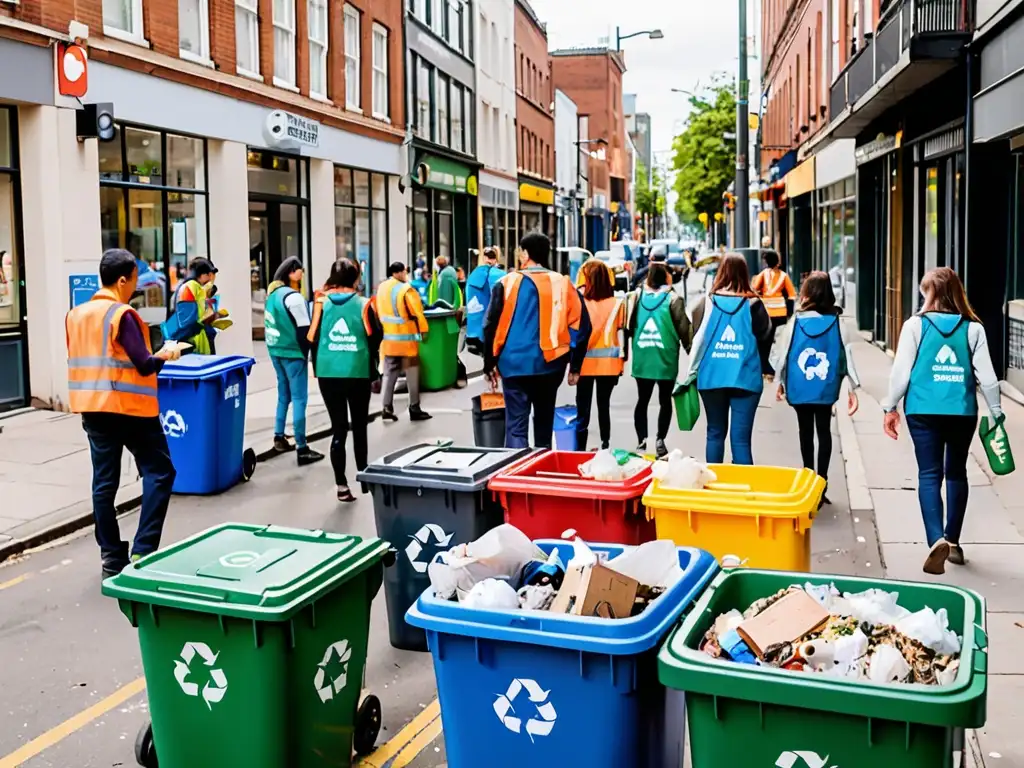 Una calle vibrante de la ciudad llena de contenedores de reciclaje coloridos, donde la gente deposita residuos orgánicos con determinación