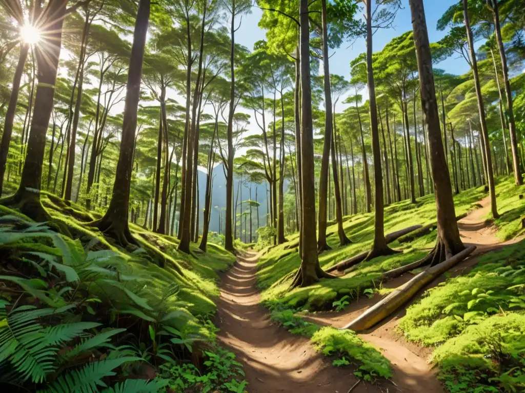 Un camino serpenteante a través de un bosque exuberante, bañado por la luz del sol