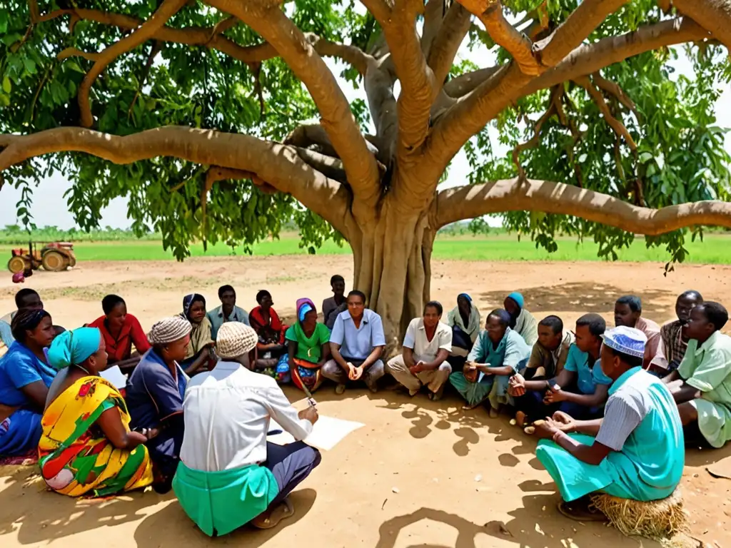 Campesinos y asesores financieros se reúnen bajo un árbol para solicitar Fondo Verde para el Clima financiamiento