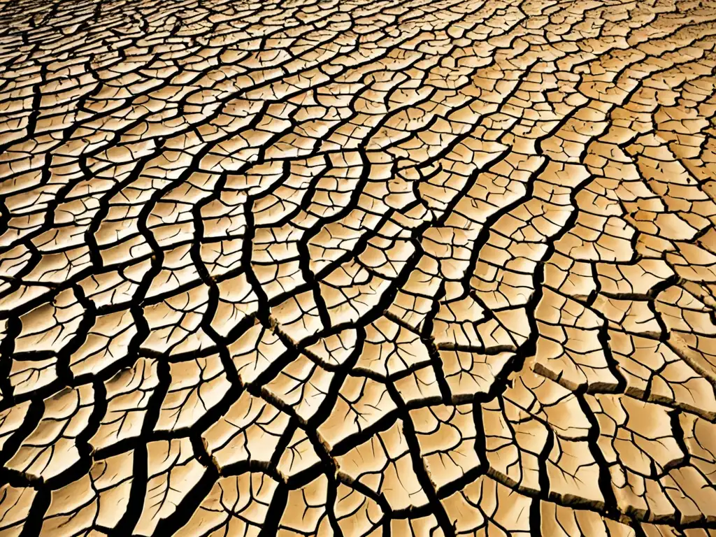 Campo agrietado y marchito bajo el sol abrasador, reflejando la devastación de la sequía en la gestión hídrica en tiempos de sequía