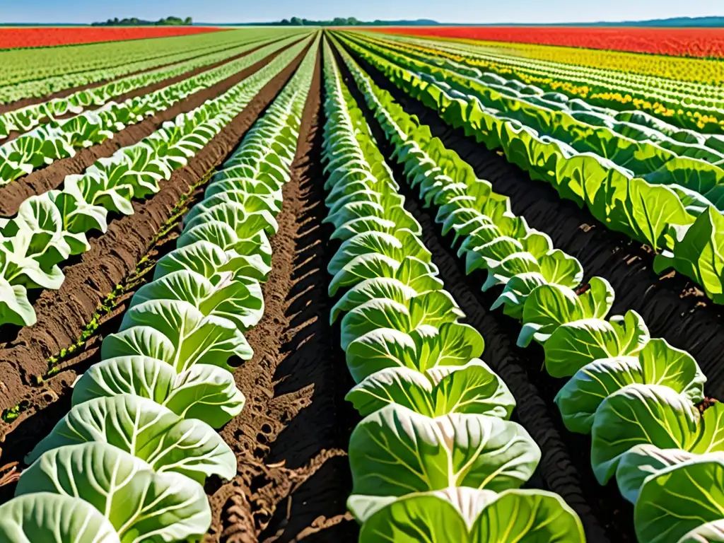 Un campo biodinámico bañado por el sol, con hileras de lechugas, tomates rojos y maíz dorado