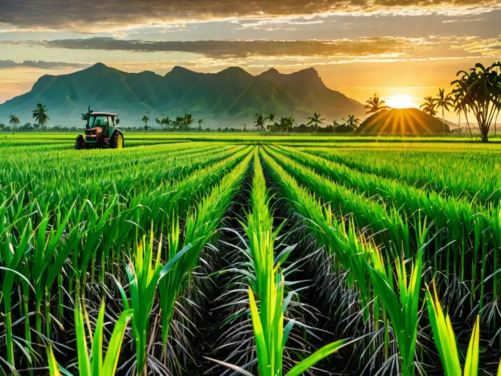 Campo de caña de azúcar verde vibrante con sol poniente sobre montañas