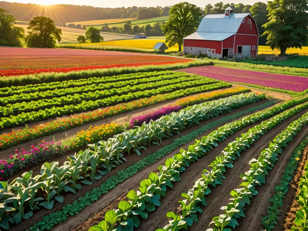 Un campo de cultivo exuberante y vibrante se extiende hasta el horizonte, con cultivos coloridos en diversas etapas de crecimiento