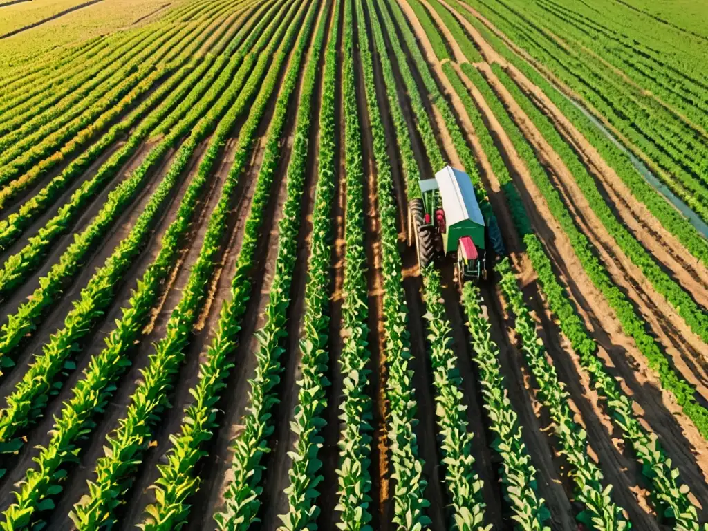 Un campo de cultivo verde y exuberante se extiende hacia el horizonte bajo un cielo azul