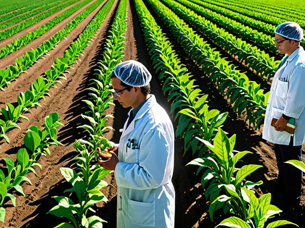 Un campo de cultivos modificados genéticamente con científicos en blanco y filas de plantas vibrantes