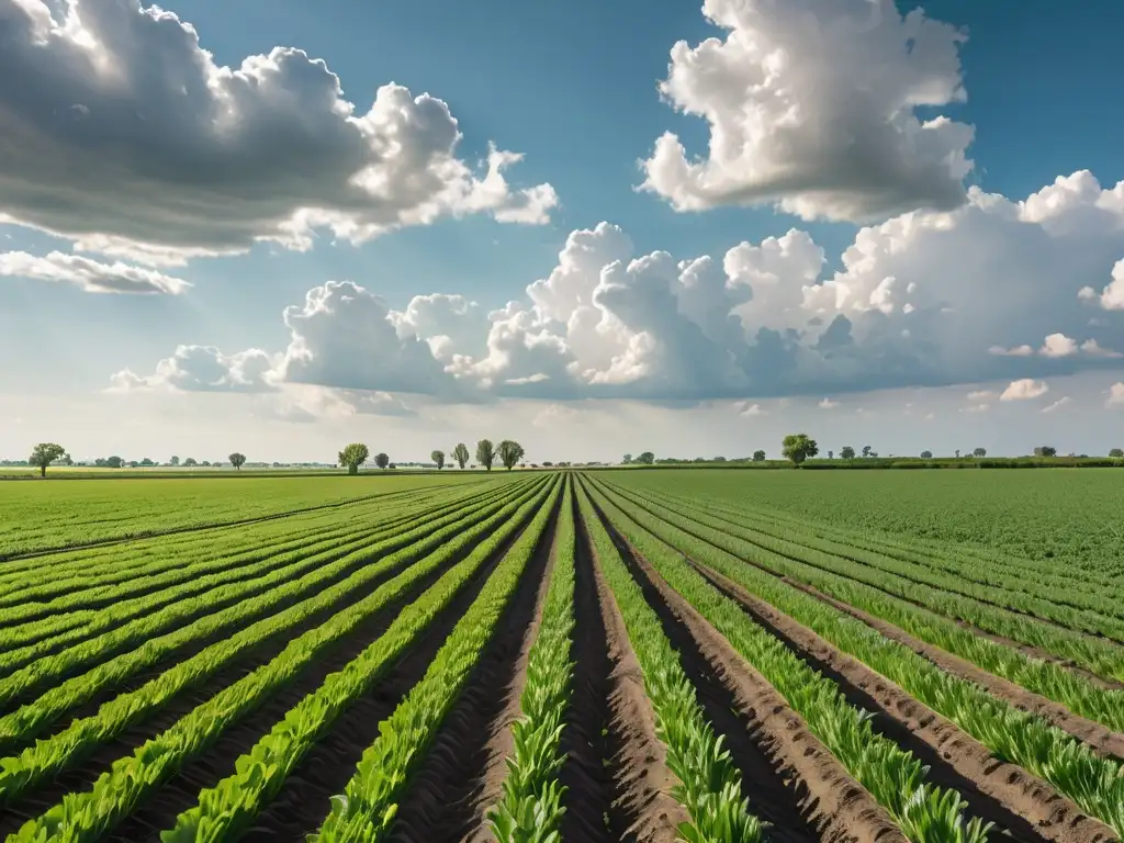 Un campo extenso bañado por el sol, lleno de cultivos verdes vibrantes