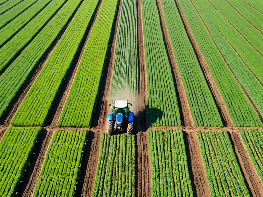 Un campo agrícola extenso, con cultivos verdes y un tractor moderno arando, mientras un granjero cuida con esmero