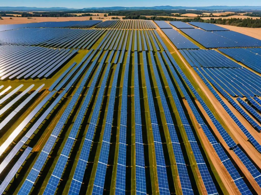 Un campo extenso de paneles solares bajo un cielo azul claro, resaltando la magnitud y potencial de la energía renovable en Europa