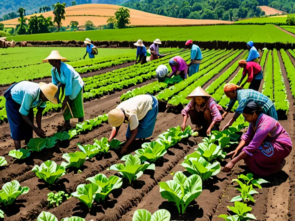 Un campo agrícola exuberante donde agricultores diversos trabajan juntos, reflejando la colaboración y diversidad en la comunidad agrícola