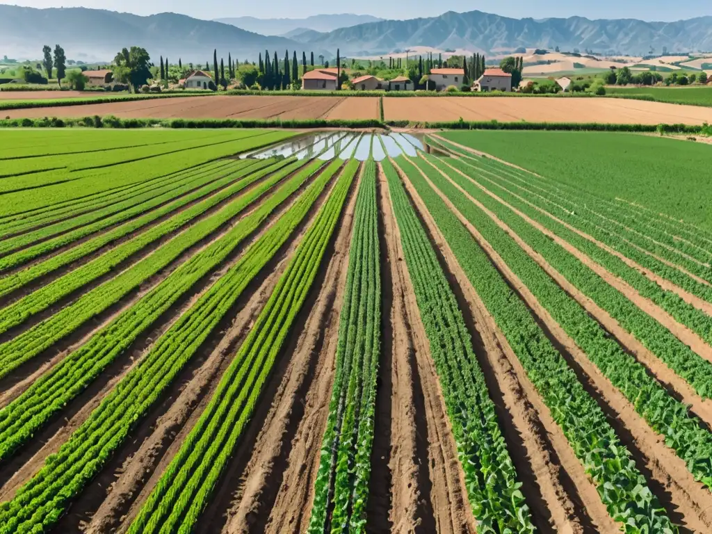 Un campo agrícola exuberante, con cultivos y un sistema de riego claro