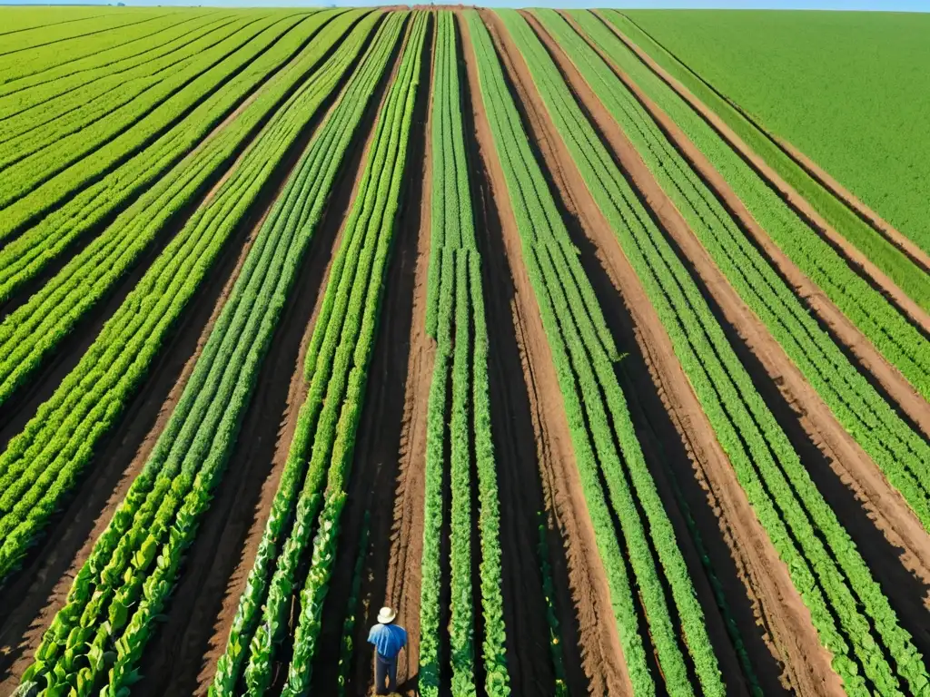 Un campo agrícola exuberante se extiende con cultivos vibrantes