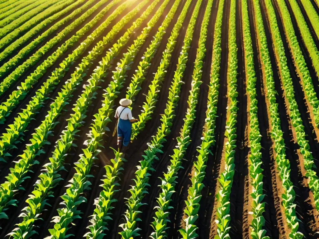 Un campo agrícola exuberante, con cultivos vibrantes bajo la luz del sol