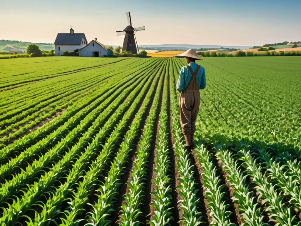 Un campo agrícola exuberante y expansivo se extiende hasta el horizonte, con cultivos verdes vibrantes en filas ordenadas bajo el sol